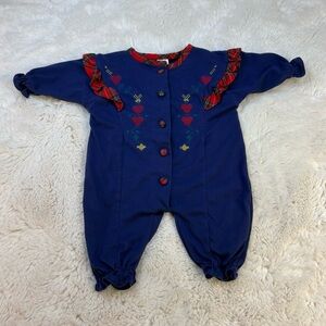 Vintage 80s Gerber Navy Romper w/ Embroidery Baby Girl 0-6 Months